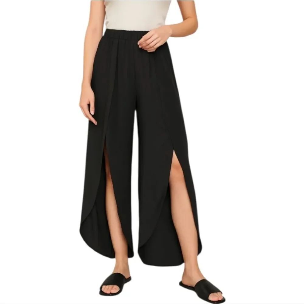 Amazon Wide Leg Black Pants w/ Front Slit Overlay Size X-Large